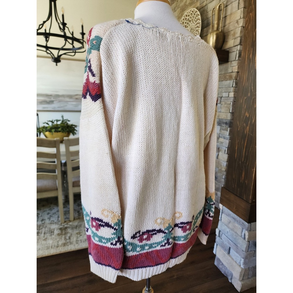 Vintage 90s Hunters Run Cottagecore Granny Floral Scalloped V-Neck Knit Sweater - Picture 7 of 11